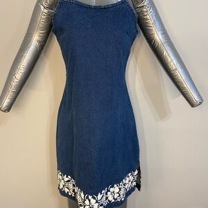 Blue Denim Dress with Floral Hem